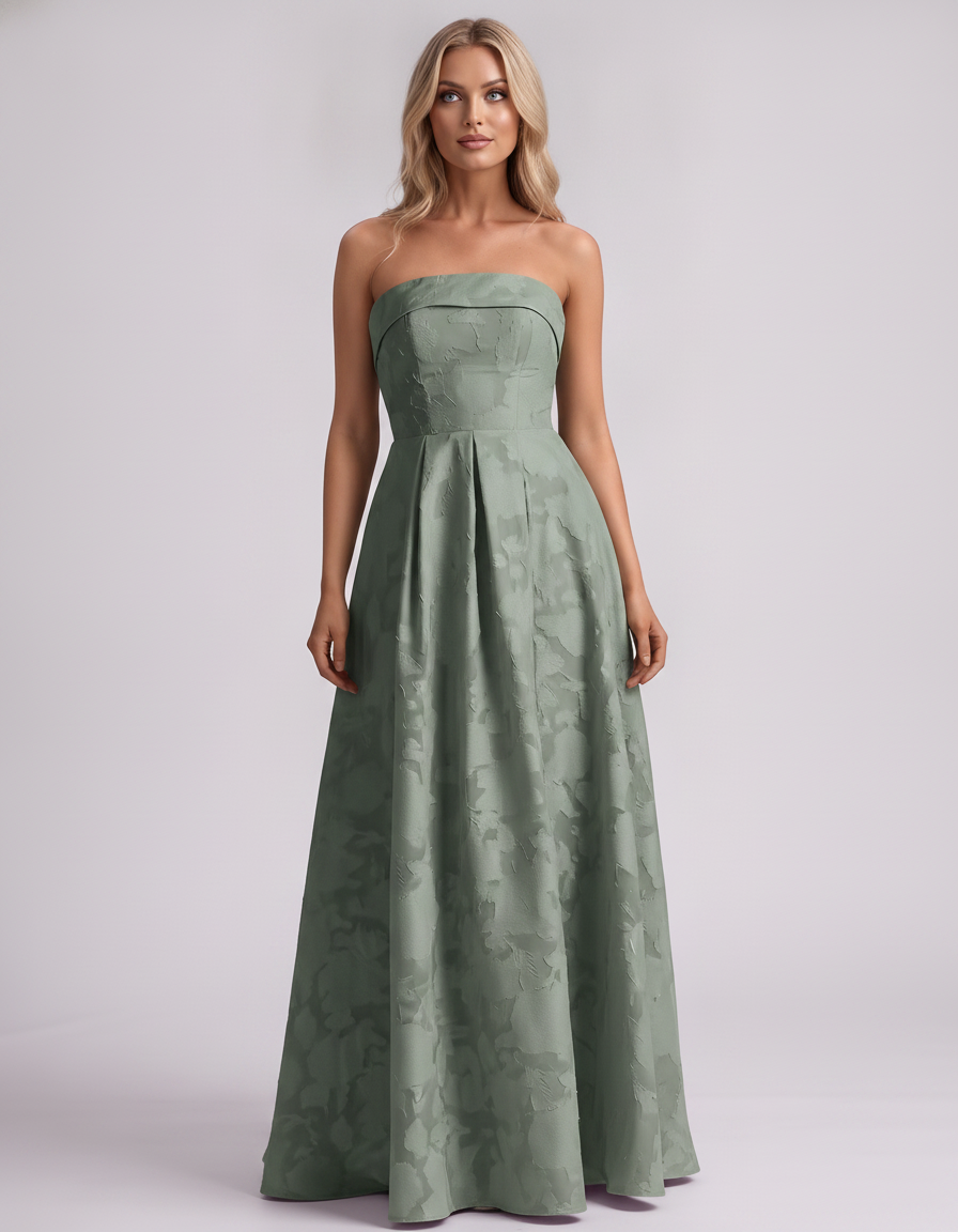 Sage Floral Jacquard Strapless Straight Neck A-Line Maxi Dress | Ramblion | SKU: VM-583104726941852-SAGE-L,VM-583104726941852-SAGE-M,VM-583104726941852-SAGE-S,VM-583104726941852-SAGE-XL,VM-583104726941852-SAGE-XS