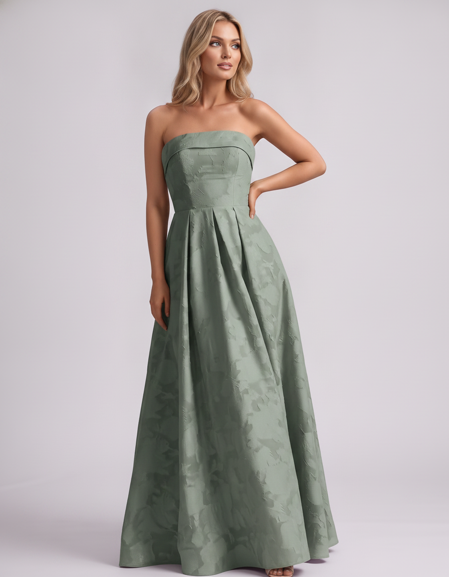 Sage Floral Jacquard Strapless Straight Neck A-Line Maxi Dress | Ramblion | SKU: VM-583104726941852-SAGE-L,VM-583104726941852-SAGE-M,VM-583104726941852-SAGE-S,VM-583104726941852-SAGE-XL,VM-583104726941852-SAGE-XS