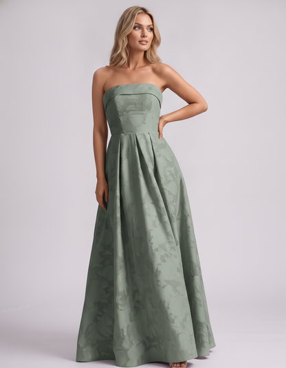 Sage Floral Jacquard Strapless Straight Neck A-Line Maxi Dress | Ramblion | SKU: VM-583104726941852-SAGE-L,VM-583104726941852-SAGE-M,VM-583104726941852-SAGE-S,VM-583104726941852-SAGE-XL,VM-583104726941852-SAGE-XS