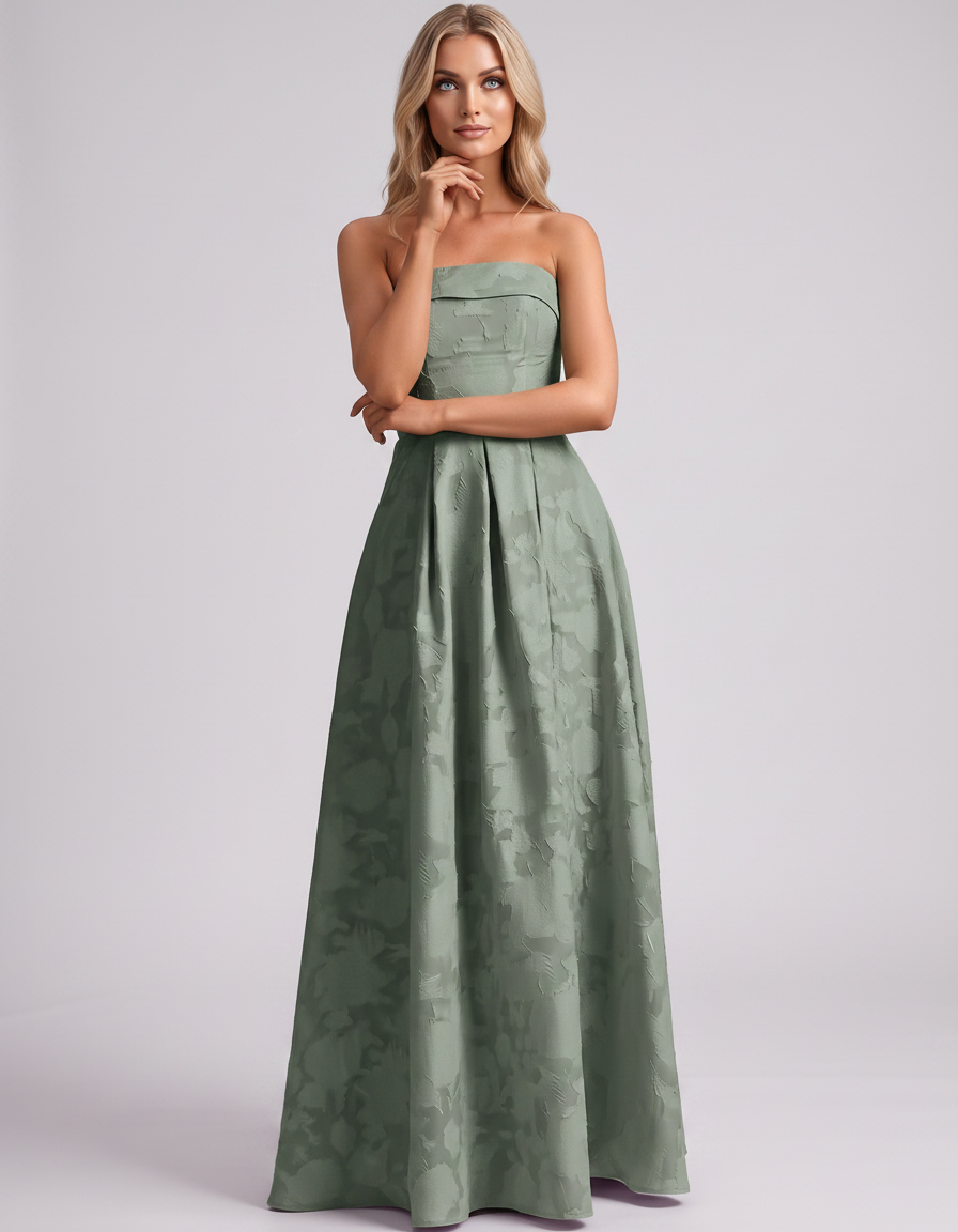 Sage Floral Jacquard Strapless Straight Neck A-Line Maxi Dress | Ramblion | SKU: VM-583104726941852-SAGE-L,VM-583104726941852-SAGE-M,VM-583104726941852-SAGE-S,VM-583104726941852-SAGE-XL,VM-583104726941852-SAGE-XS