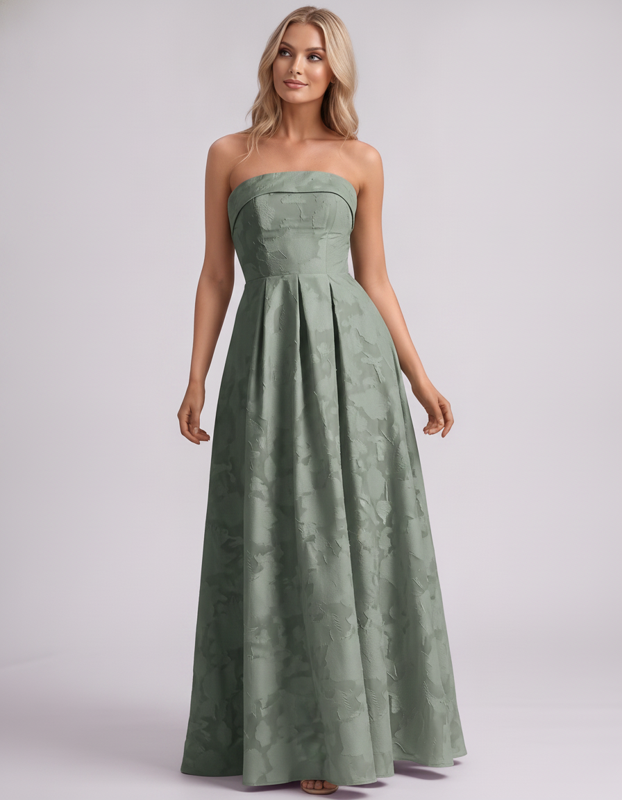Sage Floral Jacquard Strapless Straight Neck A-Line Maxi Dress | Ramblion | SKU: VM-583104726941852-SAGE-L,VM-583104726941852-SAGE-M,VM-583104726941852-SAGE-S,VM-583104726941852-SAGE-XL,VM-583104726941852-SAGE-XS