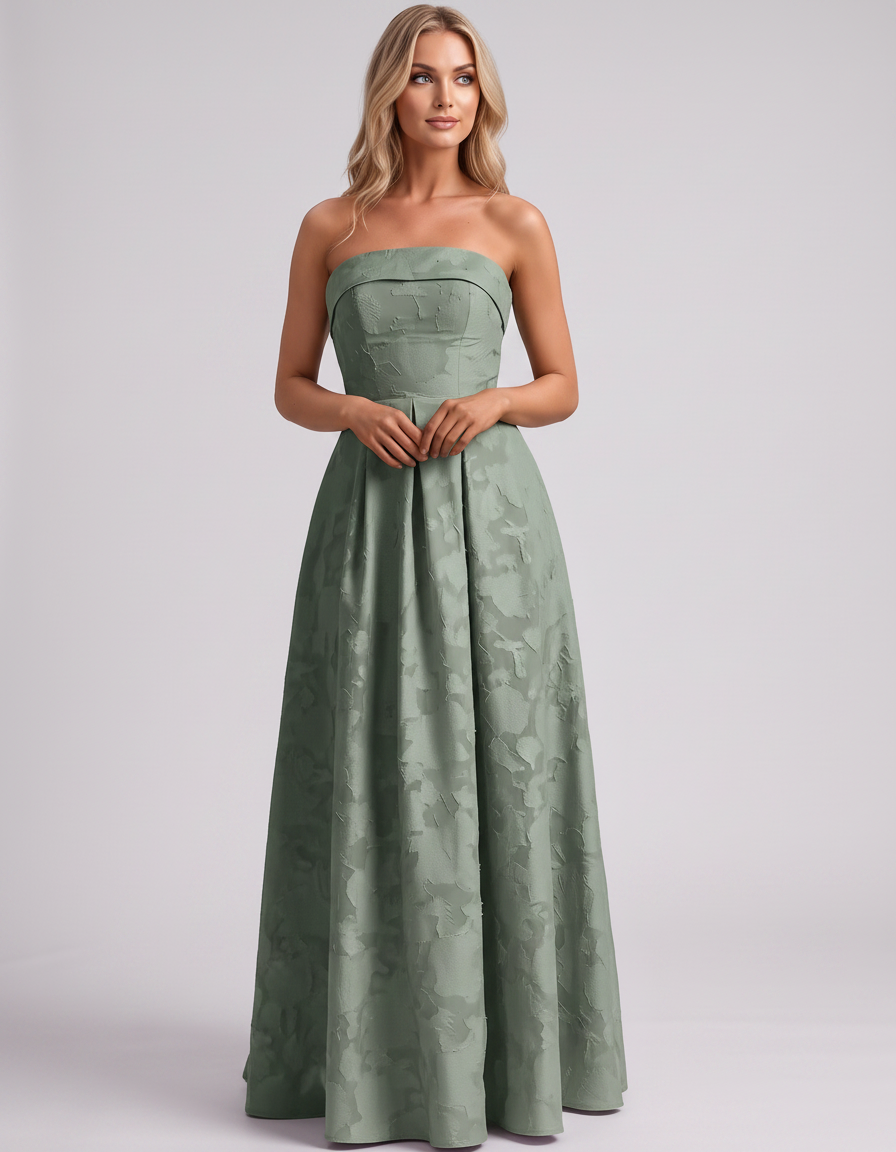 Sage Floral Jacquard Strapless Straight Neck A-Line Maxi Dress | Ramblion | SKU: VM-583104726941852-SAGE-L,VM-583104726941852-SAGE-M,VM-583104726941852-SAGE-S,VM-583104726941852-SAGE-XL,VM-583104726941852-SAGE-XS