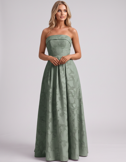 Sage Floral Jacquard Strapless Straight Neck A-Line Maxi Dress | Ramblion | SKU: VM-583104726941852-SAGE-L,VM-583104726941852-SAGE-M,VM-583104726941852-SAGE-S,VM-583104726941852-SAGE-XL,VM-583104726941852-SAGE-XS