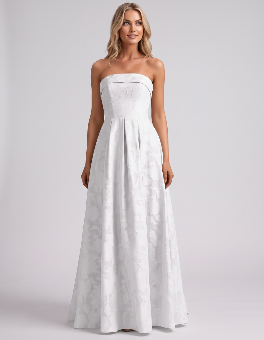 White Floral Jacquard Strapless Straight Neck A-Line Maxi Dress | Ramblion | SKU: VM-583104726941852-WHITE-L,VM-583104726941852-WHITE-M,VM-583104726941852-WHITE-S,VM-583104726941852-WHITE-XL,VM-583104726941852-WHITE-XS
