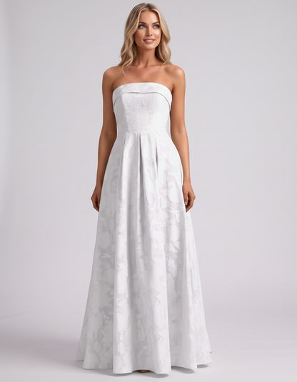 White Floral Jacquard Strapless Straight Neck A-Line Maxi Dress | Ramblion | SKU: VM-583104726941852-WHITE-L,VM-583104726941852-WHITE-M,VM-583104726941852-WHITE-S,VM-583104726941852-WHITE-XL,VM-583104726941852-WHITE-XS