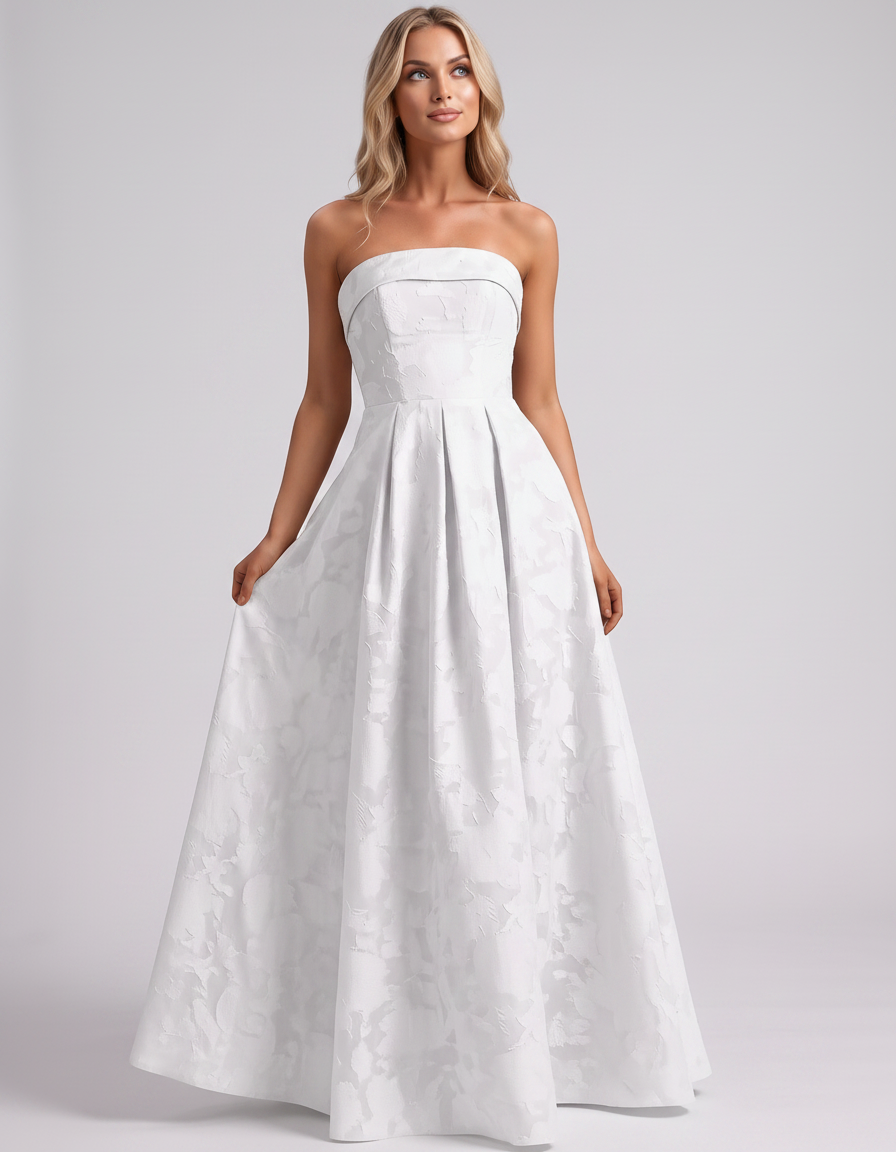 White Floral Jacquard Strapless Straight Neck A-Line Maxi Dress | Ramblion | SKU: VM-583104726941852-WHITE-L,VM-583104726941852-WHITE-M,VM-583104726941852-WHITE-S,VM-583104726941852-WHITE-XL,VM-583104726941852-WHITE-XS