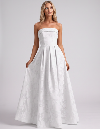 White Floral Jacquard Strapless Straight Neck A-Line Maxi Dress | Ramblion | SKU: VM-583104726941852-WHITE-L,VM-583104726941852-WHITE-M,VM-583104726941852-WHITE-S,VM-583104726941852-WHITE-XL,VM-583104726941852-WHITE-XS