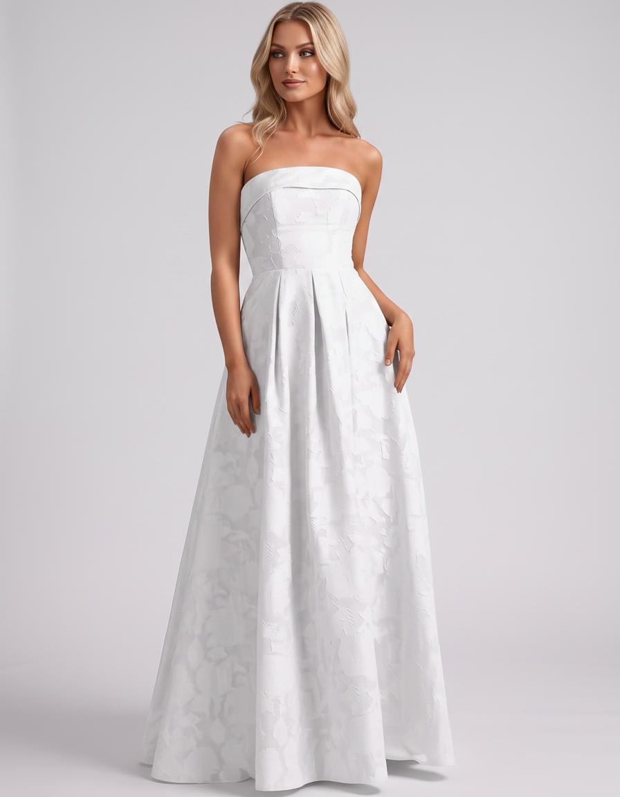 White Floral Jacquard Strapless Straight Neck A-Line Maxi Dress | Ramblion | SKU: VM-583104726941852-WHITE-L,VM-583104726941852-WHITE-M,VM-583104726941852-WHITE-S,VM-583104726941852-WHITE-XL,VM-583104726941852-WHITE-XS