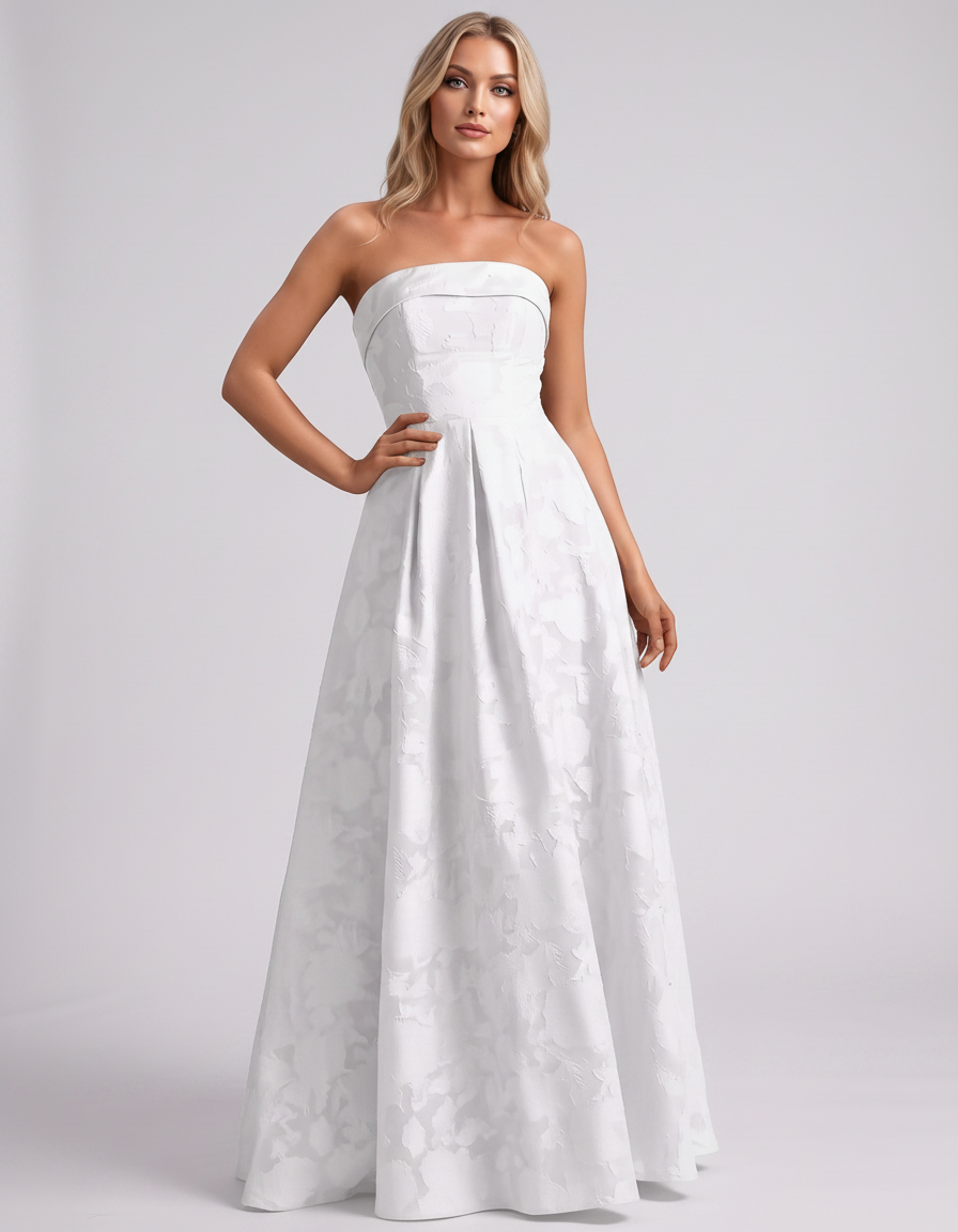 White Floral Jacquard Strapless Straight Neck A-Line Maxi Dress | Ramblion | SKU: VM-583104726941852-WHITE-L,VM-583104726941852-WHITE-M,VM-583104726941852-WHITE-S,VM-583104726941852-WHITE-XL,VM-583104726941852-WHITE-XS