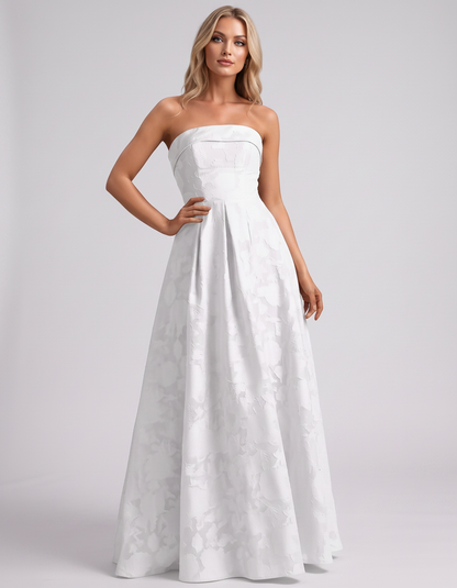 White Floral Jacquard Strapless Straight Neck A-Line Maxi Dress | Ramblion | SKU: VM-583104726941852-WHITE-L,VM-583104726941852-WHITE-M,VM-583104726941852-WHITE-S,VM-583104726941852-WHITE-XL,VM-583104726941852-WHITE-XS