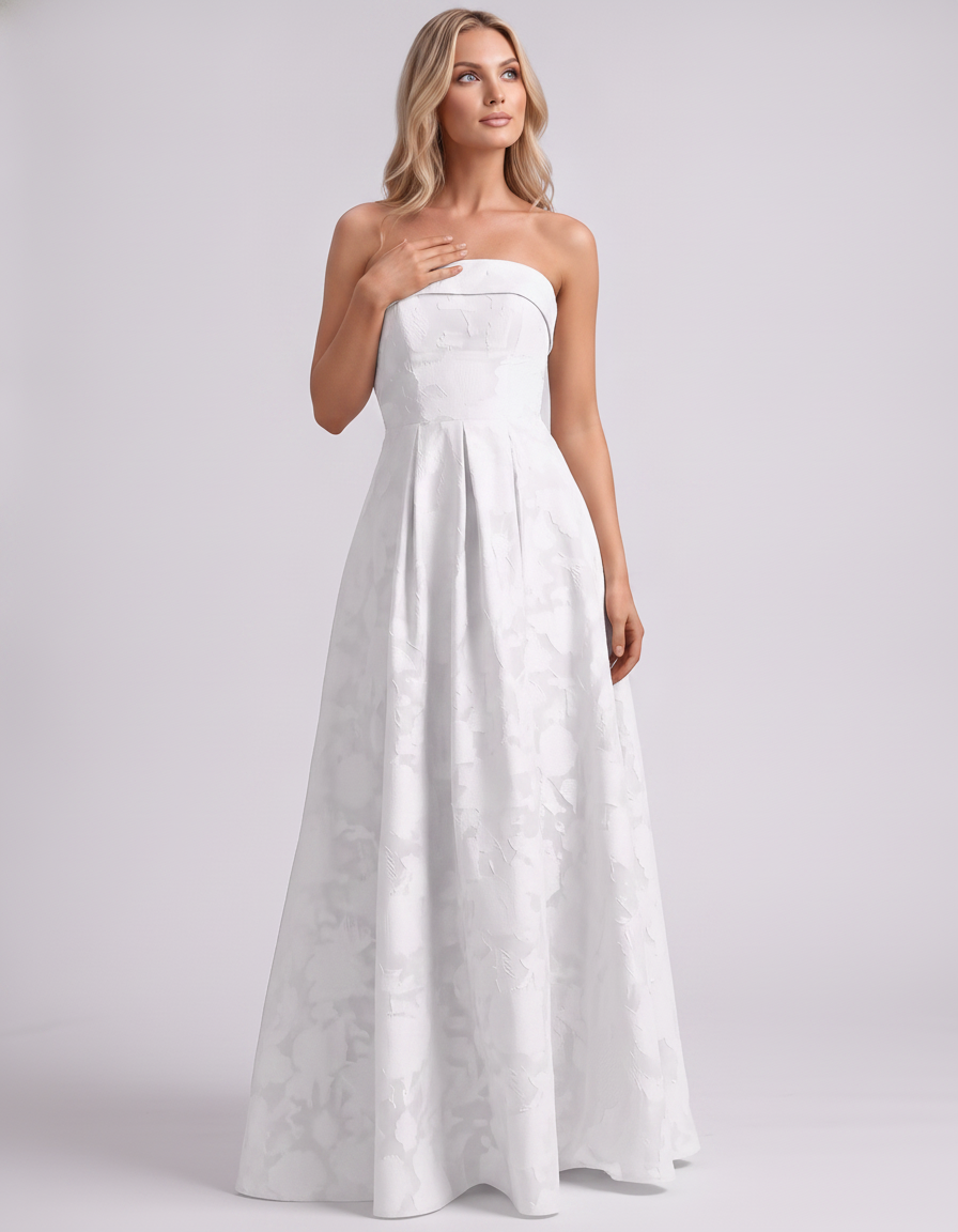 White Floral Jacquard Strapless Straight Neck A-Line Maxi Dress | Ramblion | SKU: VM-583104726941852-WHITE-L,VM-583104726941852-WHITE-M,VM-583104726941852-WHITE-S,VM-583104726941852-WHITE-XL,VM-583104726941852-WHITE-XS