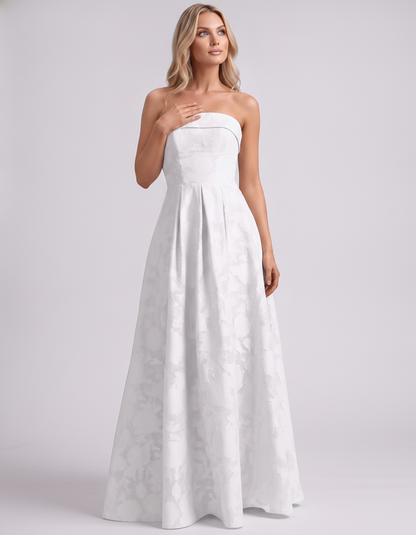 White Floral Jacquard Strapless Straight Neck A-Line Maxi Dress | Ramblion | SKU: VM-583104726941852-WHITE-L,VM-583104726941852-WHITE-M,VM-583104726941852-WHITE-S,VM-583104726941852-WHITE-XL,VM-583104726941852-WHITE-XS