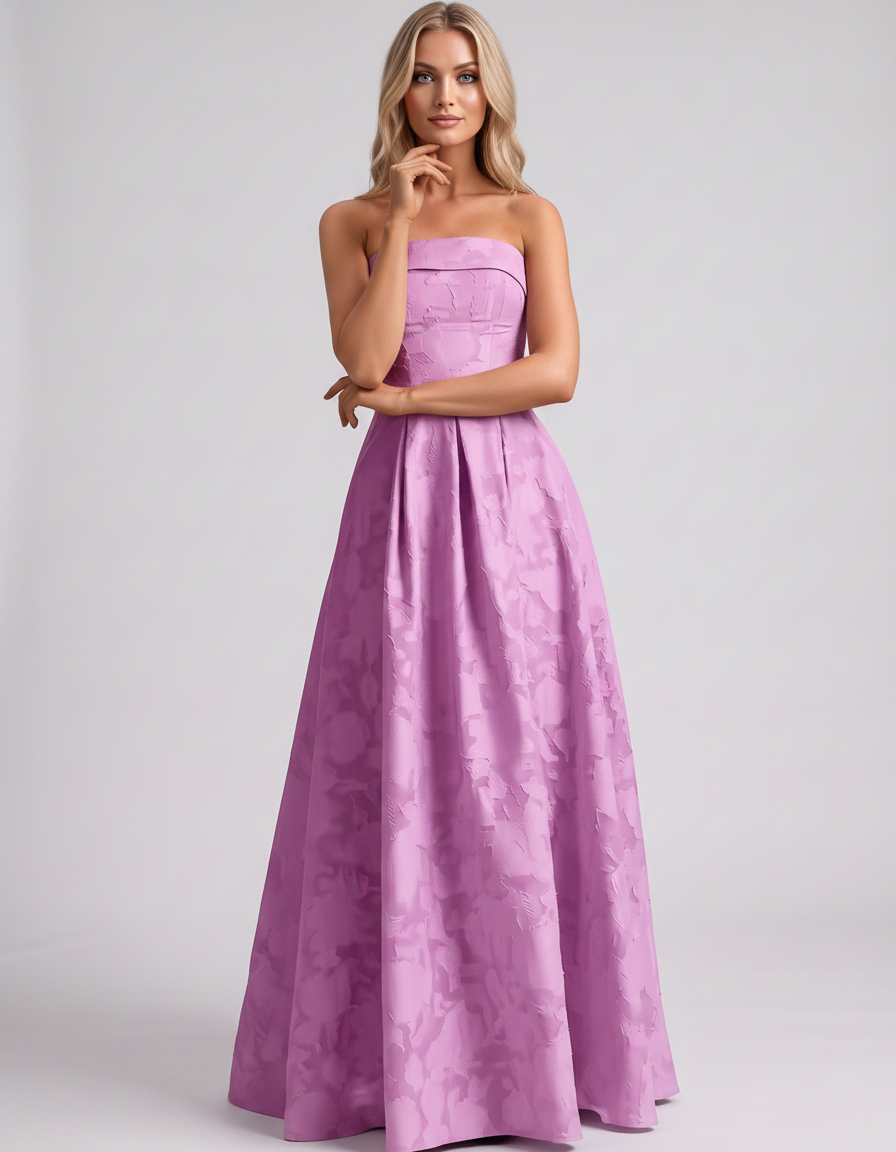 Lilac Floral Jacquard Strapless Straight Neck A-Line Maxi Dress | Ramblion | SKU: VM-583104726941852-LILAC-L,VM-583104726941852-LILAC-M,VM-583104726941852-LILAC-S,VM-583104726941852-LILAC-XL,VM-583104726941852-LILAC-XS