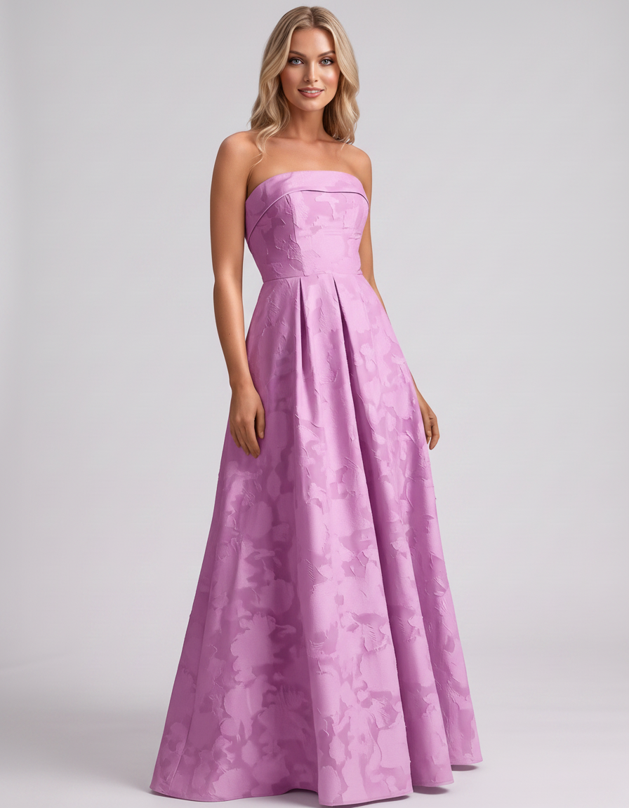 Lilac Floral Jacquard Strapless Straight Neck A-Line Maxi Dress | Ramblion | SKU: VM-583104726941852-LILAC-L,VM-583104726941852-LILAC-M,VM-583104726941852-LILAC-S,VM-583104726941852-LILAC-XL,VM-583104726941852-LILAC-XS