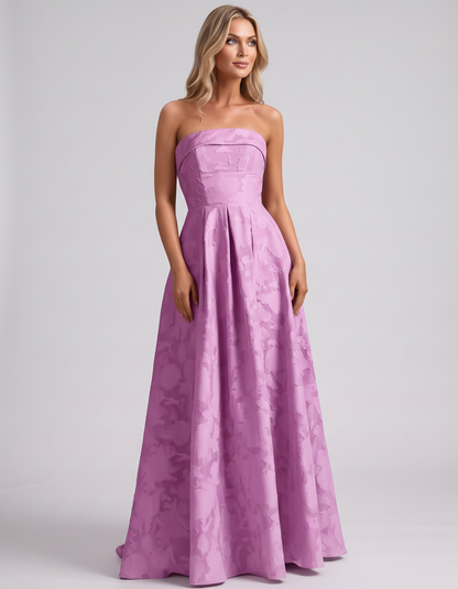 Lilac Floral Jacquard Strapless Straight Neck A-Line Maxi Dress | Ramblion | SKU: VM-583104726941852-LILAC-L,VM-583104726941852-LILAC-M,VM-583104726941852-LILAC-S,VM-583104726941852-LILAC-XL,VM-583104726941852-LILAC-XS