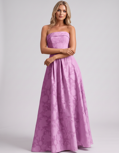 Lilac Floral Jacquard Strapless Straight Neck A-Line Maxi Dress | Ramblion | SKU: VM-583104726941852-LILAC-L,VM-583104726941852-LILAC-M,VM-583104726941852-LILAC-S,VM-583104726941852-LILAC-XL,VM-583104726941852-LILAC-XS