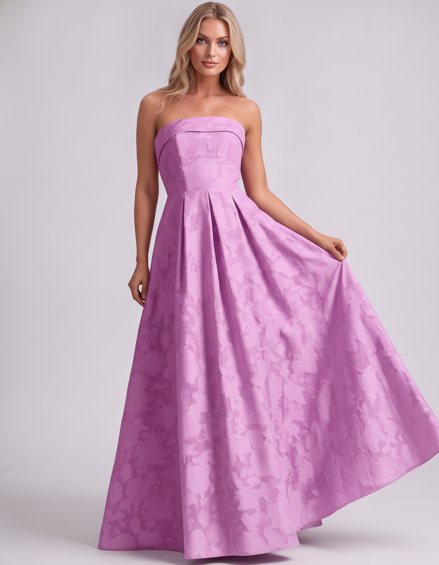 Lilac Floral Jacquard Strapless Straight Neck A-Line Maxi Dress | Ramblion | SKU: VM-583104726941852-LILAC-L,VM-583104726941852-LILAC-M,VM-583104726941852-LILAC-S,VM-583104726941852-LILAC-XL,VM-583104726941852-LILAC-XS