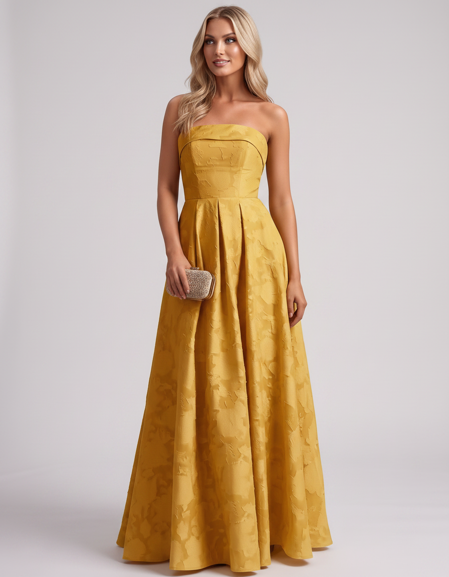 Yellow Floral Jacquard Strapless Straight Neck A-Line Maxi Dress | Ramblion | SKU: VM-583104726941852-YELLOW-L,VM-583104726941852-YELLOW-M,VM-583104726941852-YELLOW-S,VM-583104726941852-YELLOW-XL,VM-583104726941852-YELLOW-XS