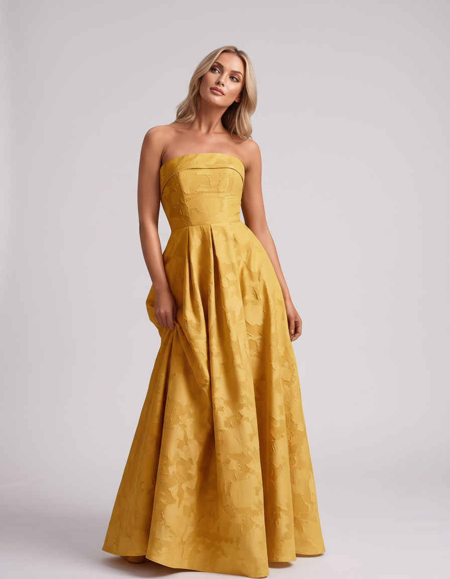 Yellow Floral Jacquard Strapless Straight Neck A-Line Maxi Dress | Ramblion | SKU: VM-583104726941852-YELLOW-L,VM-583104726941852-YELLOW-M,VM-583104726941852-YELLOW-S,VM-583104726941852-YELLOW-XL,VM-583104726941852-YELLOW-XS
