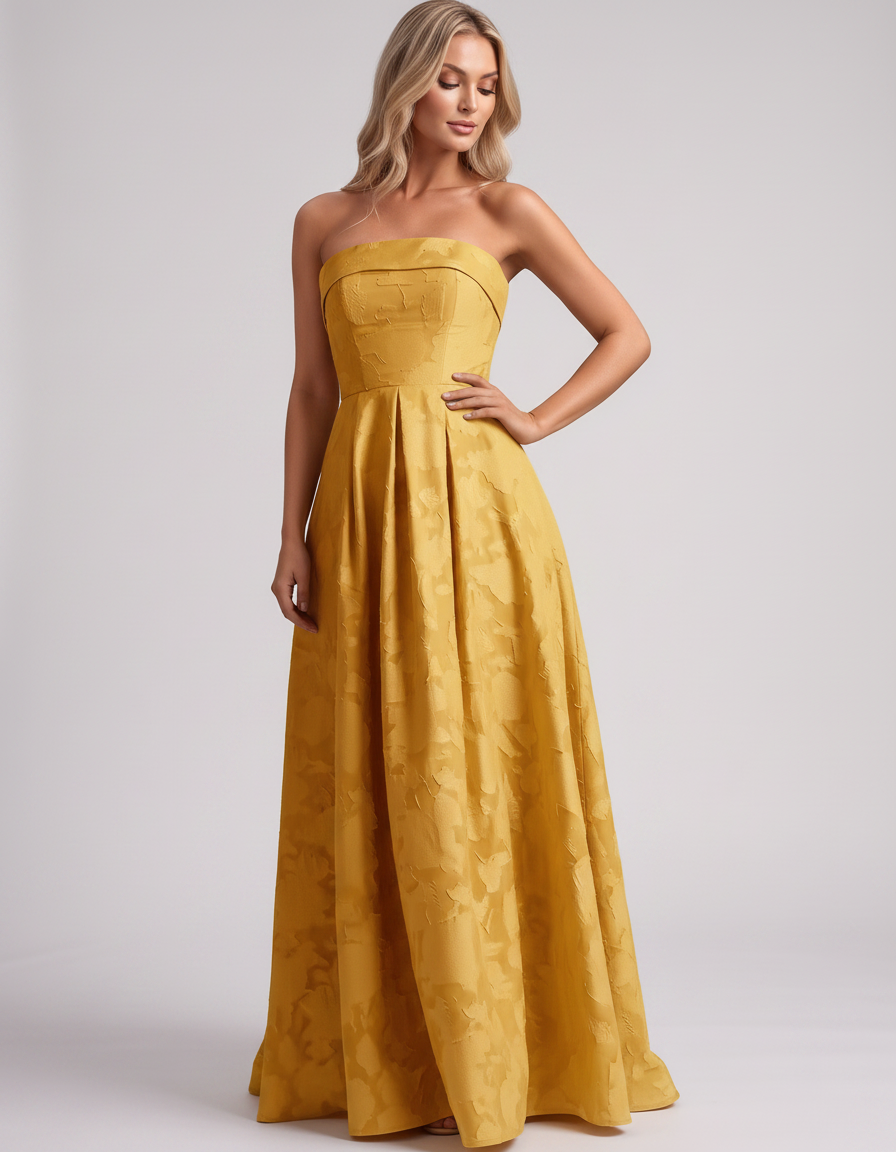 Yellow Floral Jacquard Strapless Straight Neck A-Line Maxi Dress | Ramblion | SKU: VM-583104726941852-YELLOW-L,VM-583104726941852-YELLOW-M,VM-583104726941852-YELLOW-S,VM-583104726941852-YELLOW-XL,VM-583104726941852-YELLOW-XS