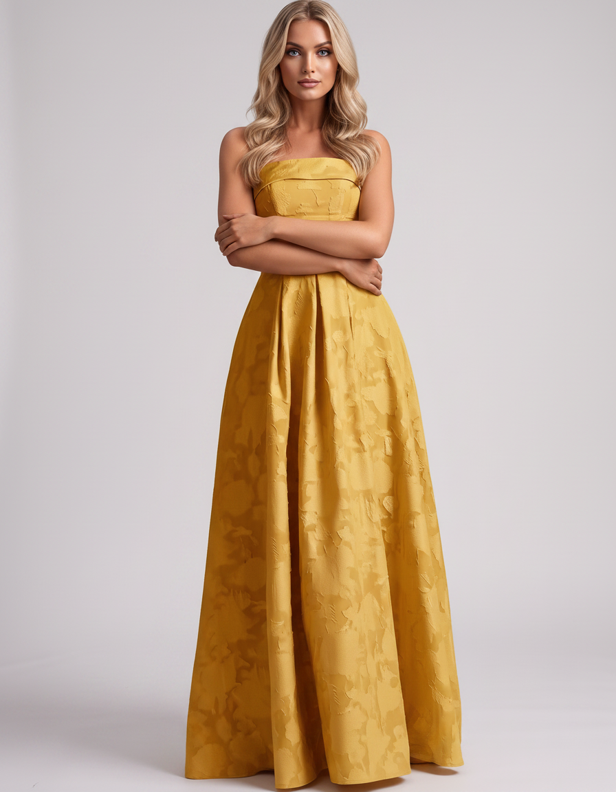 Yellow Floral Jacquard Strapless Straight Neck A-Line Maxi Dress | Ramblion | SKU: VM-583104726941852-YELLOW-L,VM-583104726941852-YELLOW-M,VM-583104726941852-YELLOW-S,VM-583104726941852-YELLOW-XL,VM-583104726941852-YELLOW-XS