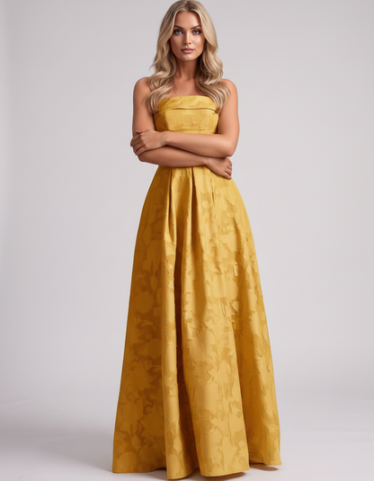 Yellow Floral Jacquard Strapless Straight Neck A-Line Maxi Dress | Ramblion | SKU: VM-583104726941852-YELLOW-L,VM-583104726941852-YELLOW-M,VM-583104726941852-YELLOW-S,VM-583104726941852-YELLOW-XL,VM-583104726941852-YELLOW-XS