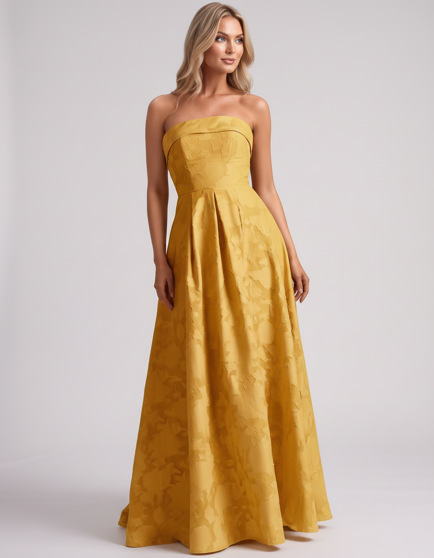 Yellow Floral Jacquard Strapless Straight Neck A-Line Maxi Dress | Ramblion | SKU: VM-583104726941852-YELLOW-L,VM-583104726941852-YELLOW-M,VM-583104726941852-YELLOW-S,VM-583104726941852-YELLOW-XL,VM-583104726941852-YELLOW-XS