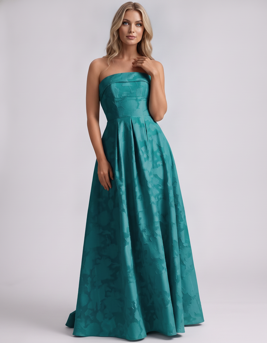 Aqua Floral Jacquard Strapless Straight Neck A-Line Maxi Dress | Ramblion | SKU: VM-583104726941852-AQUA-L,VM-583104726941852-AQUA-M,VM-583104726941852-AQUA-S,VM-583104726941852-AQUA-XL,VM-583104726941852-AQUA-XS
