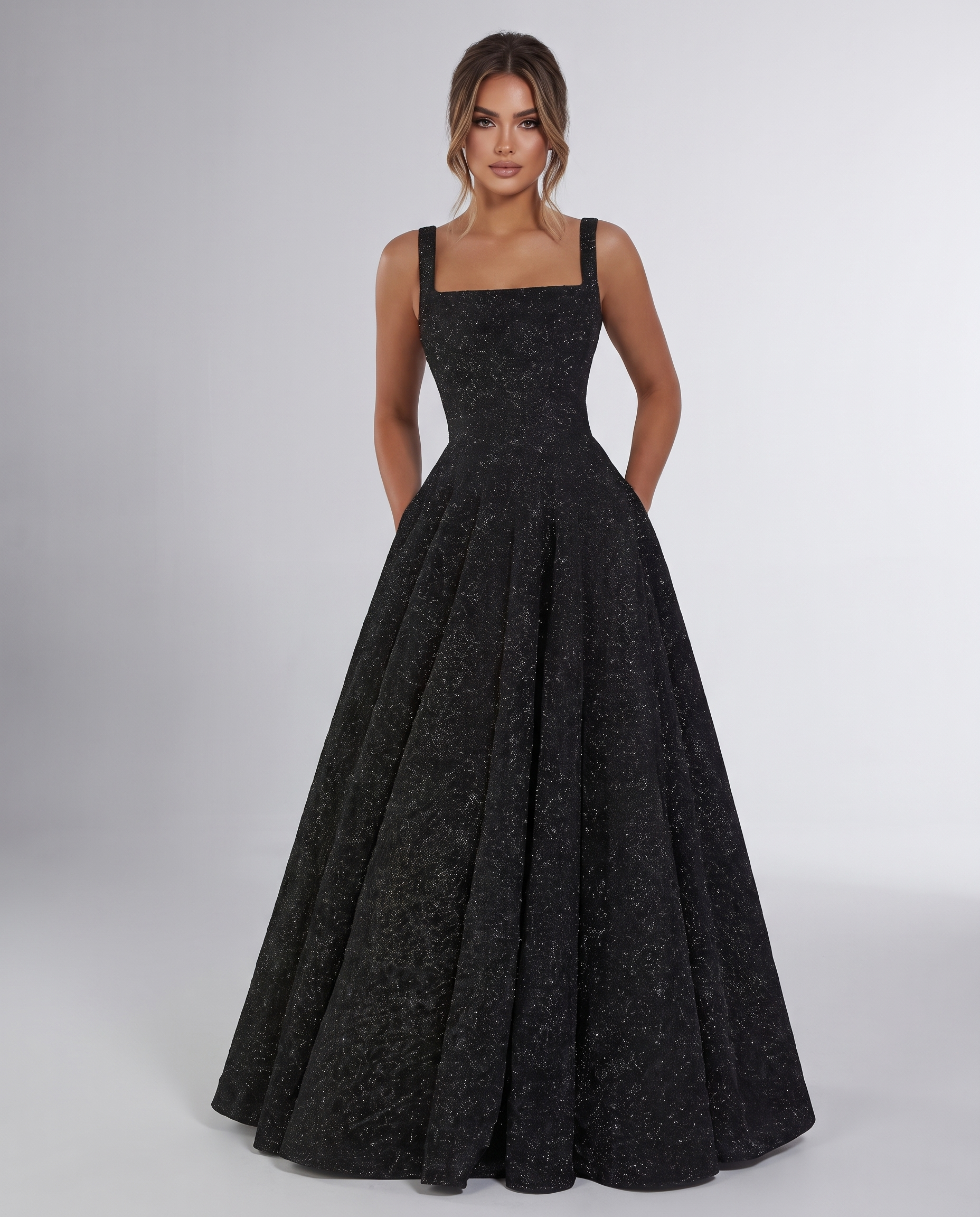 Black Sequin Sleeveless Square Neck A-Line Maxi Dress | Ramblion