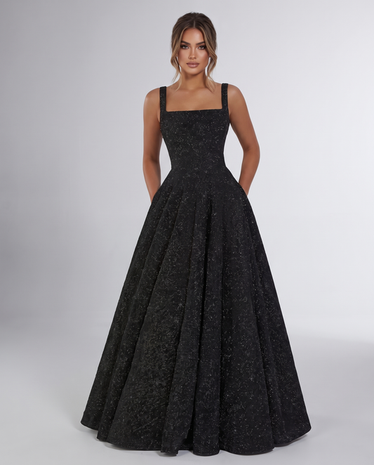 Black Sequin Sleeveless Square Neck A-Line Maxi Dress | Ramblion