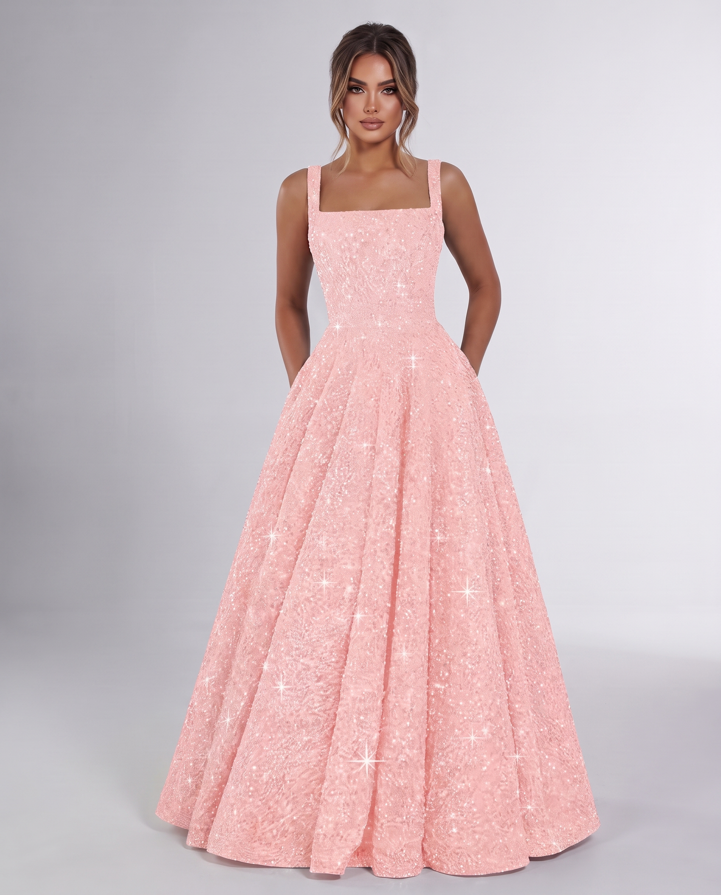 Blush Sequin Sleeveless Square Neck A-Line Maxi Dress | Ramblion