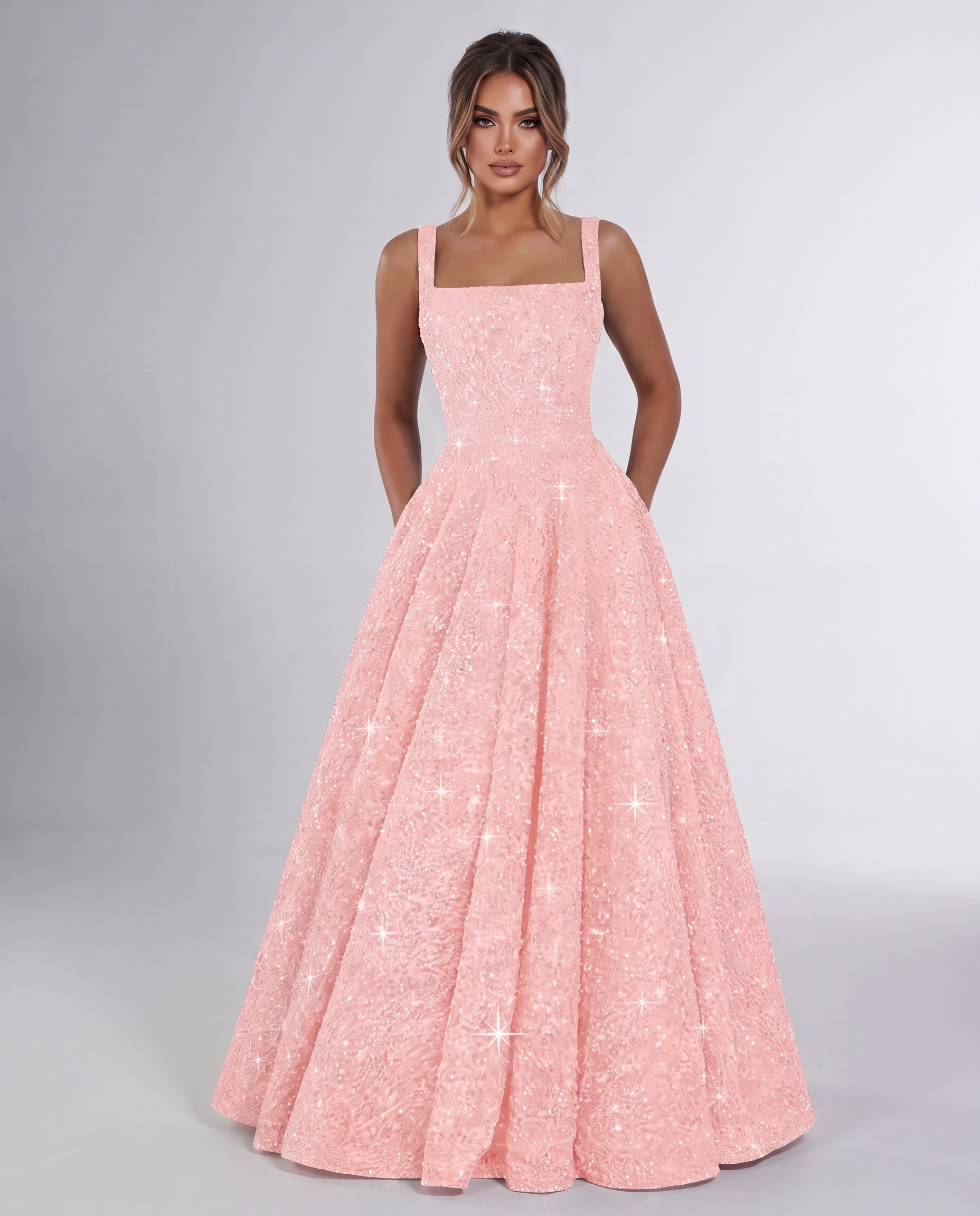 Blush Sequin Sleeveless Square Neck A-Line Maxi Dress | Ramblion