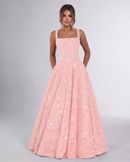 Blush Sequin Sleeveless Square Neck A-Line Maxi Dress | Ramblion