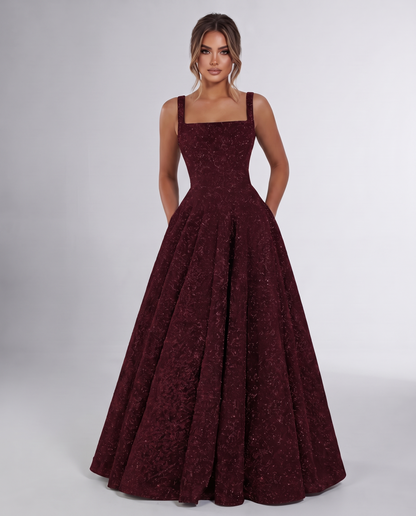 Burgundy Sequin Sleeveless Square Neck A-Line Maxi Dress | Ramblion