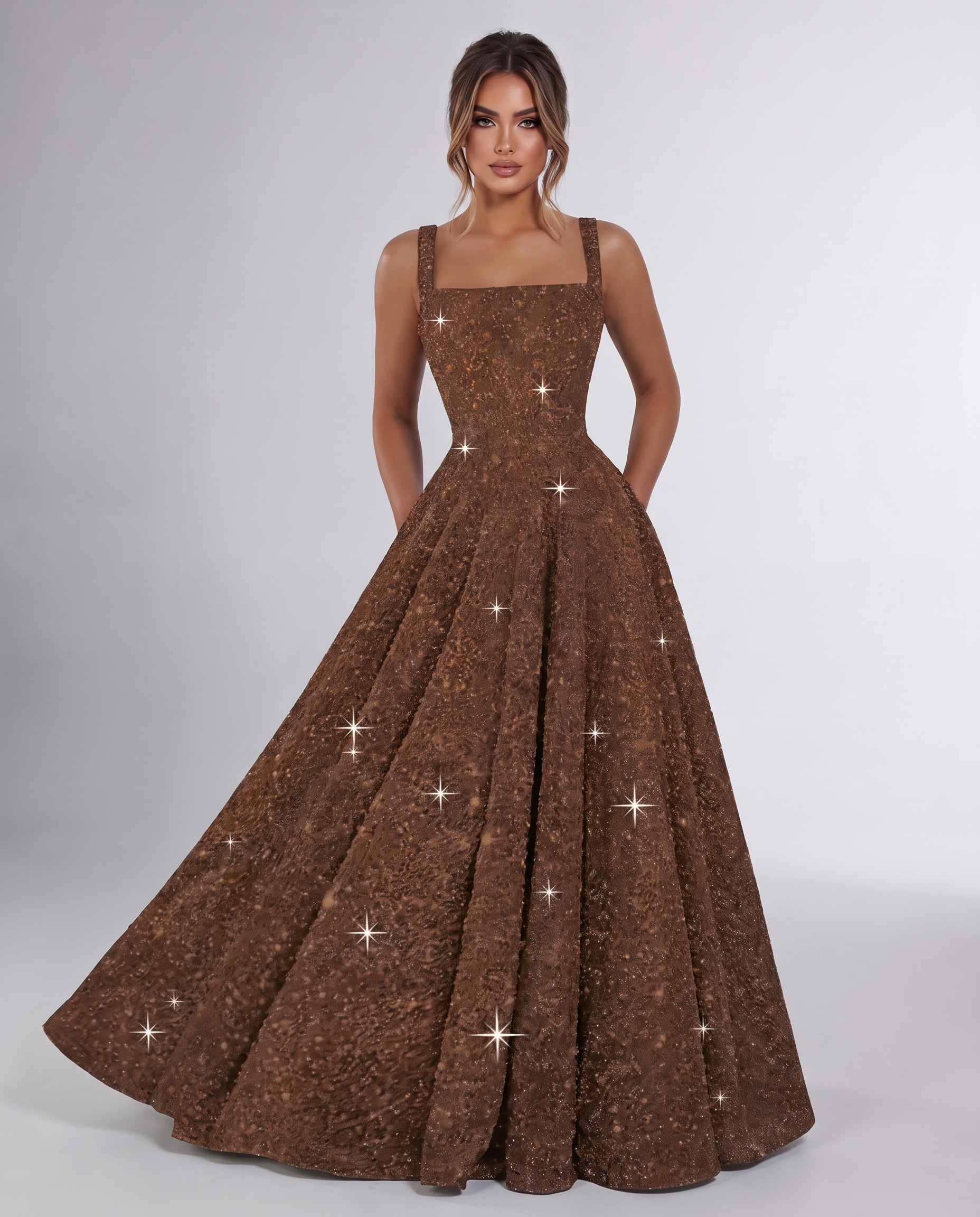 Brown Sequin Sleeveless Square Neck A-Line Maxi Dress | Ramblion