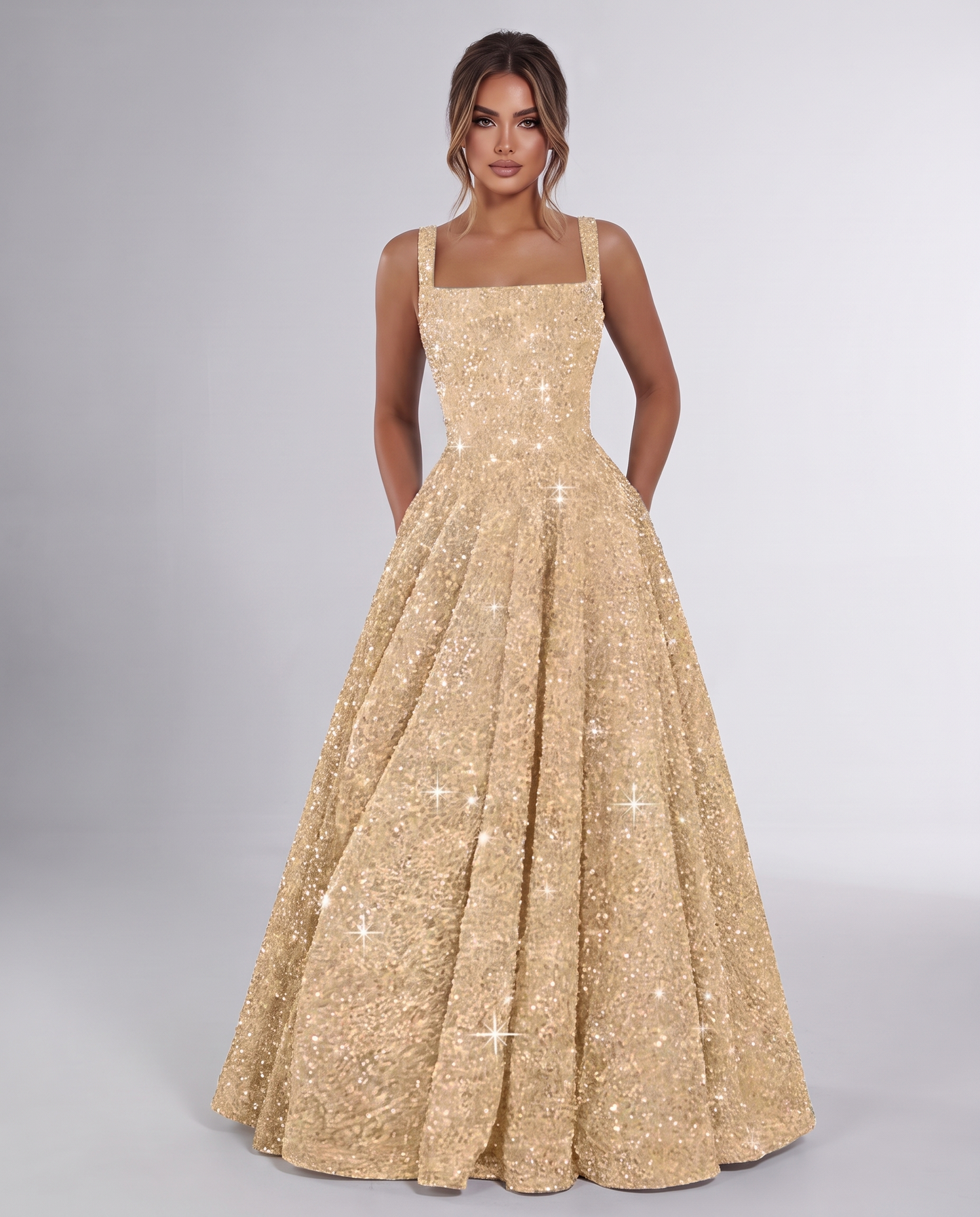 Gold Sequin Sleeveless Square Neck A-Line Maxi Dress | Ramblion