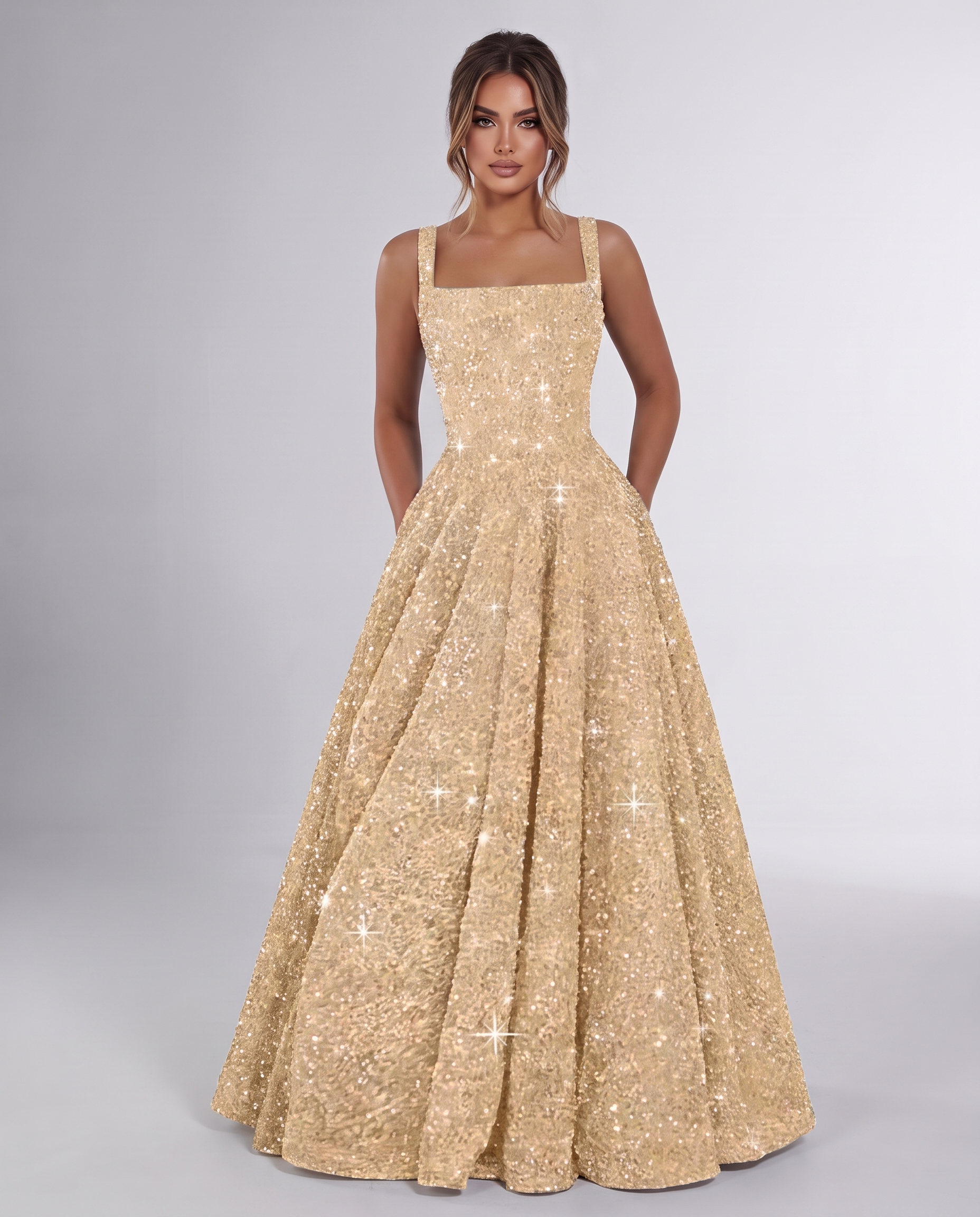 Gold Sequin Sleeveless Square Neck A-Line Maxi Dress | Ramblion