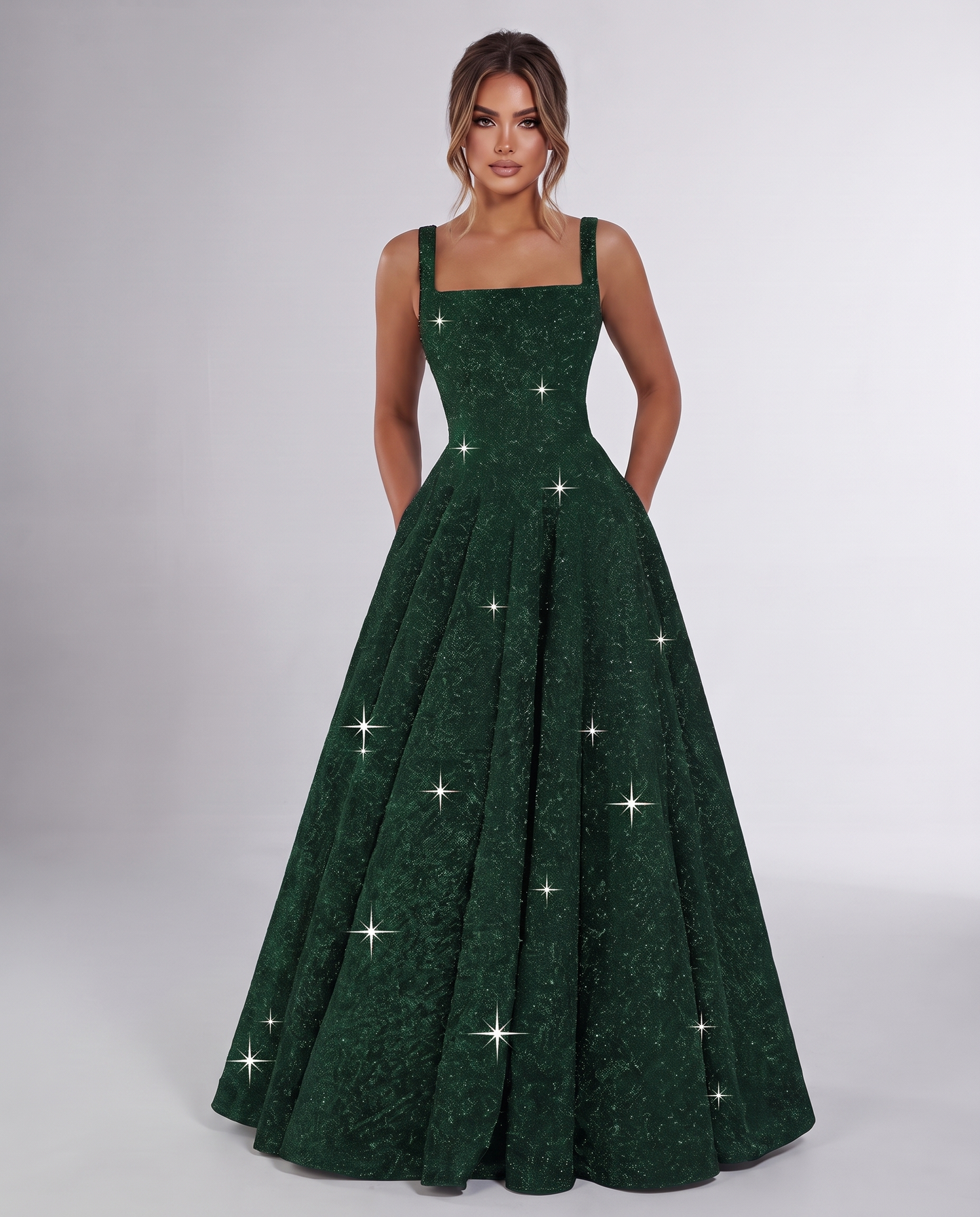 Green Sequin Sleeveless Square Neck A-Line Maxi Dress | Ramblion