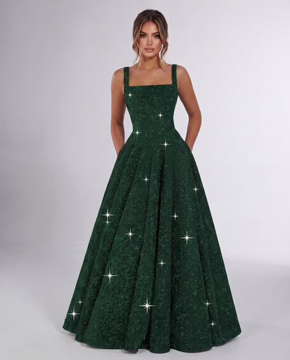 Green Sequin Sleeveless Square Neck A-Line Maxi Dress | Ramblion