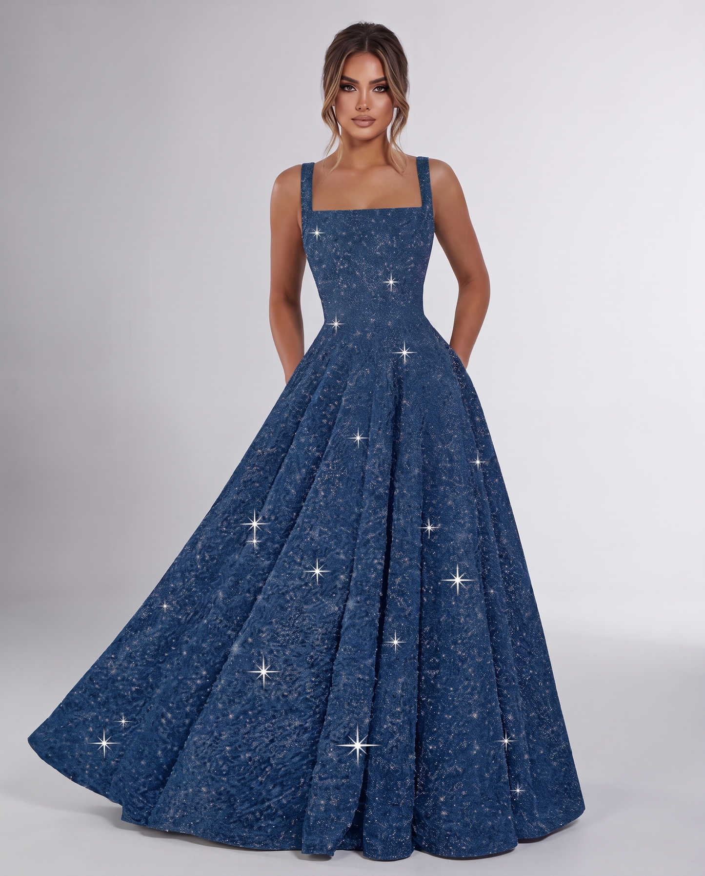 Dusty blue Sequin Sleeveless Square Neck A-Line Maxi Dress | Ramblion