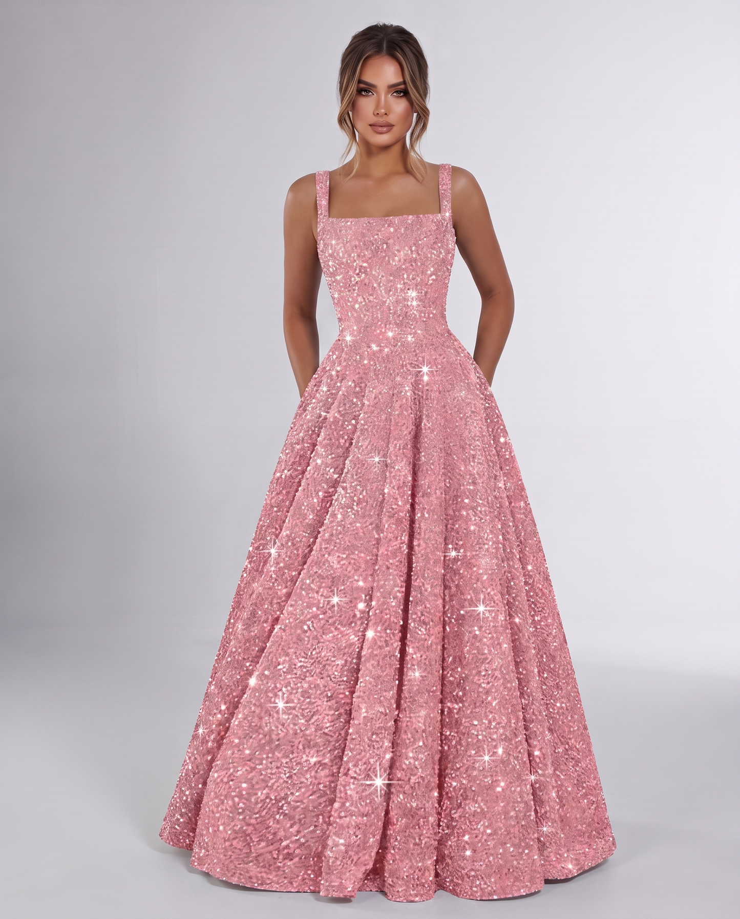 Dusty rose Sequin Sleeveless Square Neck A-Line Maxi Dress | Ramblion