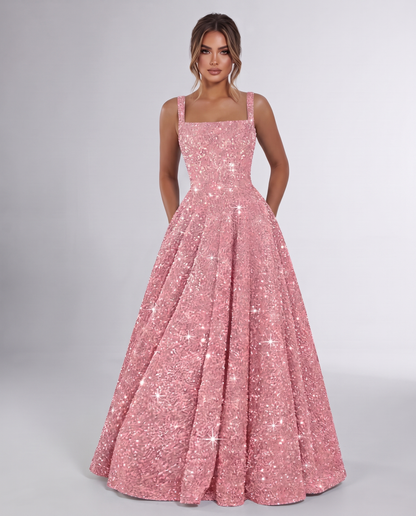 Dusty rose Sequin Sleeveless Square Neck A-Line Maxi Dress | Ramblion