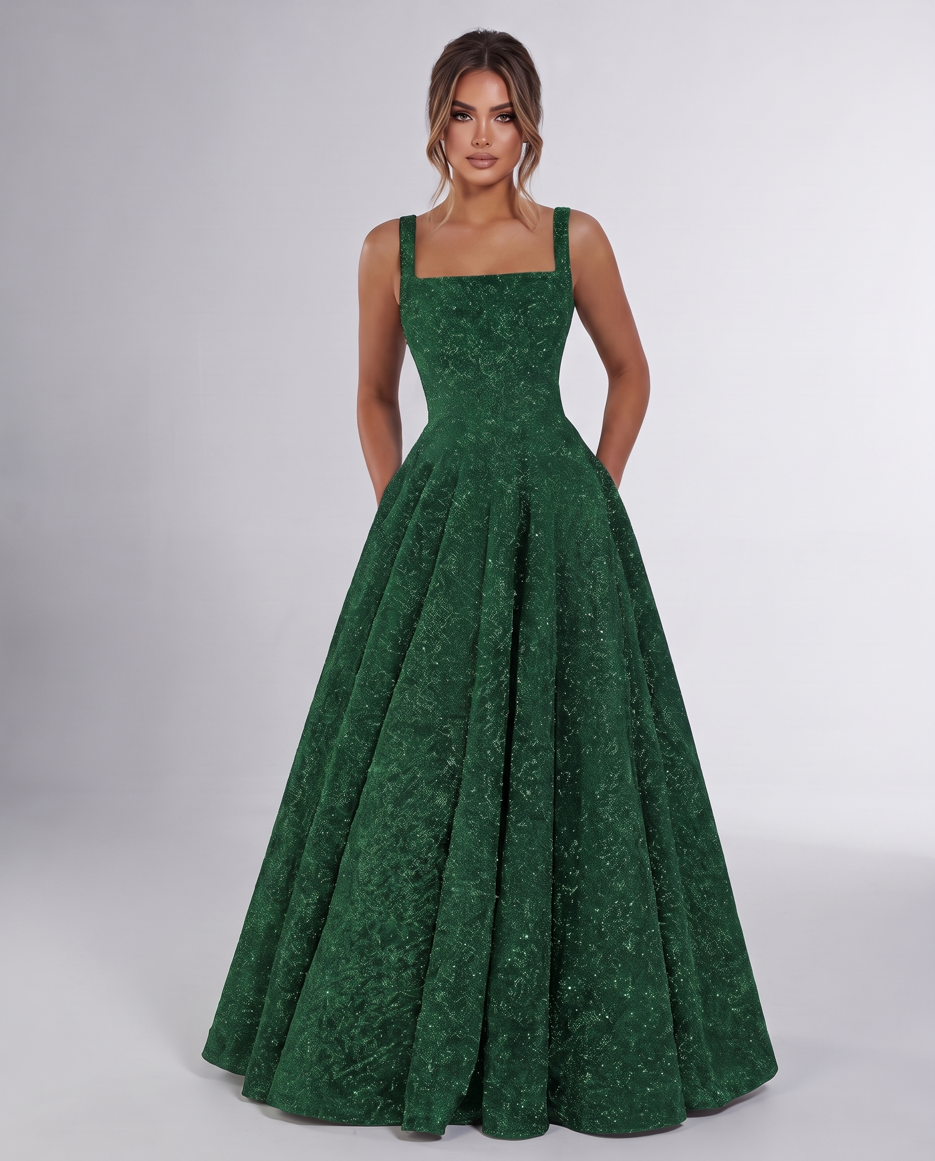 Emerald Sequin Sleeveless Square Neck A-Line Maxi Dress | Ramblion
