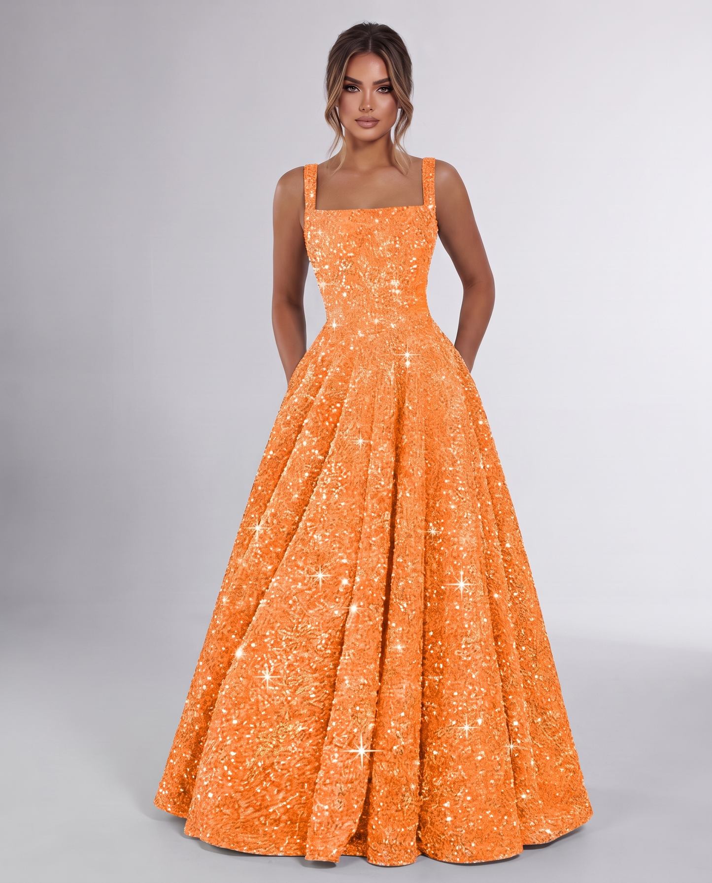 Orange Sequin Sleeveless Square Neck A-Line Maxi Dress | Ramblion