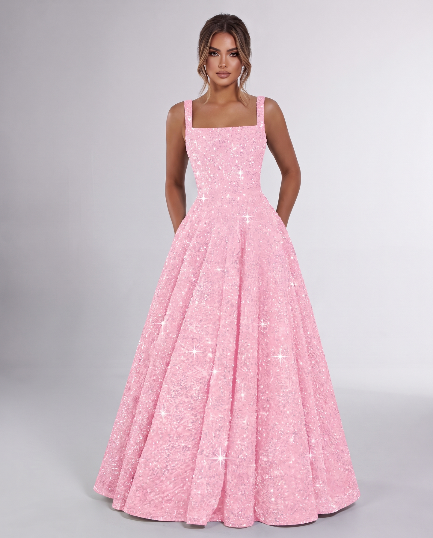 Pink Sequin Sleeveless Square Neck A-Line Maxi Dress | Ramblion