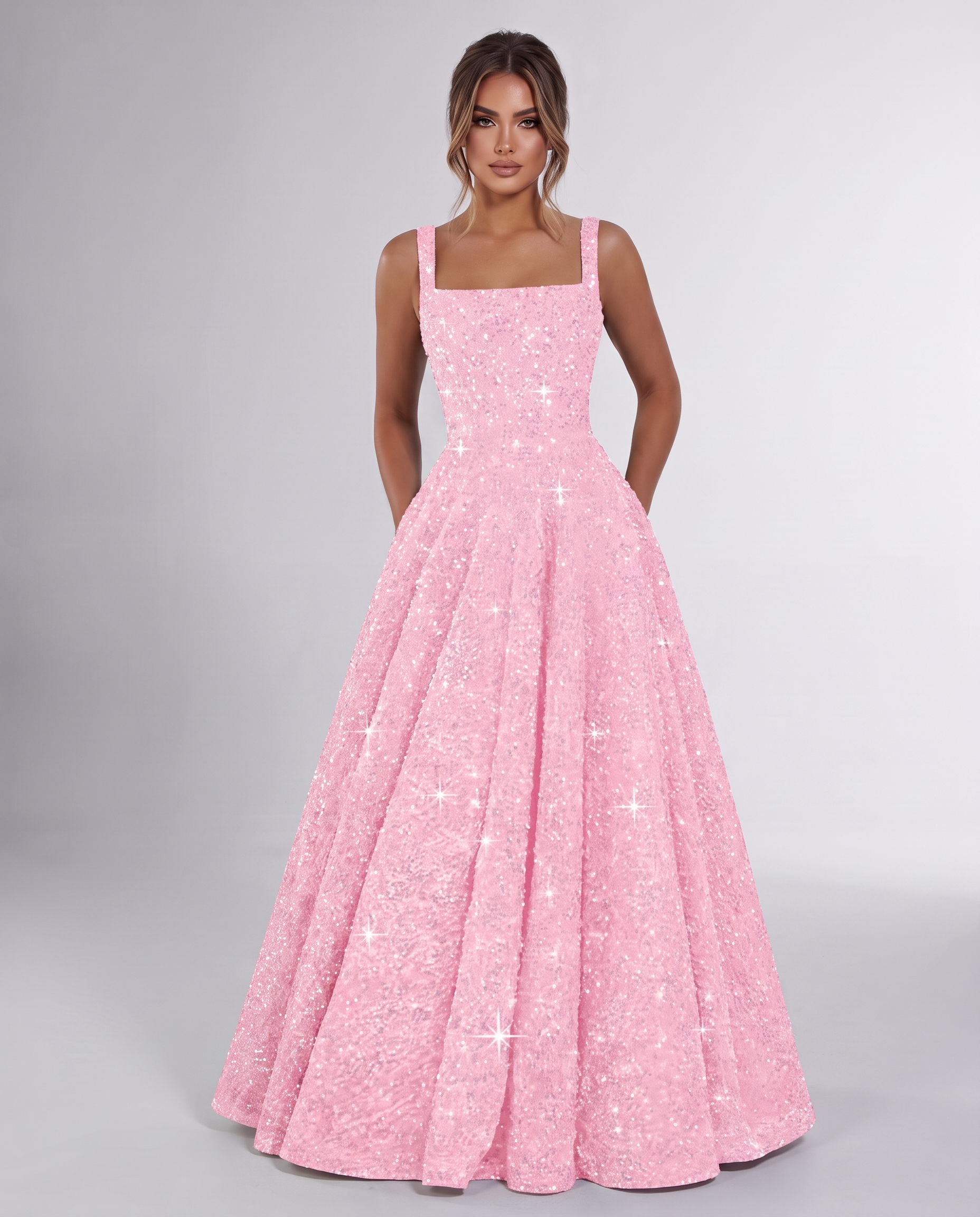 Pink Sequin Sleeveless Square Neck A-Line Maxi Dress | Ramblion