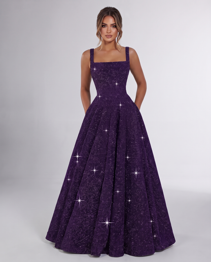 Purple Sequin Sleeveless Square Neck A-Line Maxi Dress | Ramblion