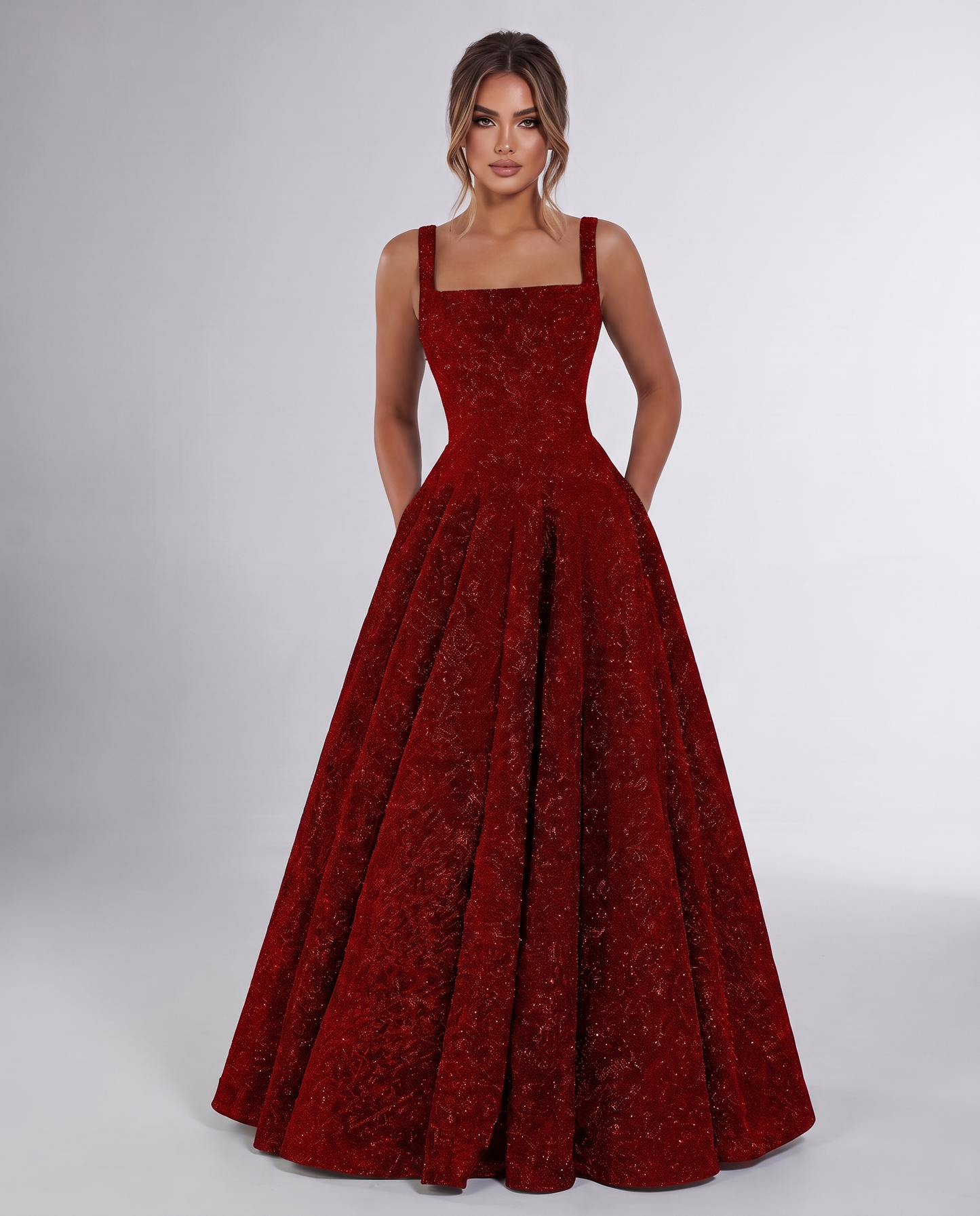 Red Sequin Sleeveless Square Neck A-Line Maxi Dress | Ramblion