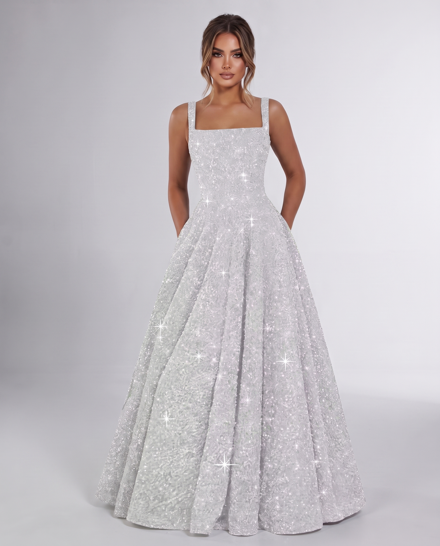Silver Sequin Sleeveless Square Neck A-Line Maxi Dress | Ramblion
