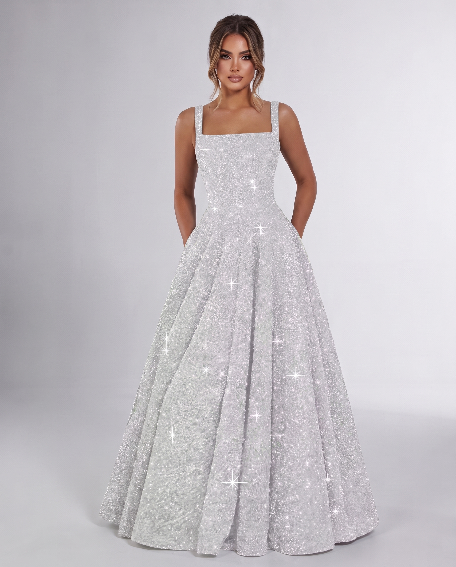 Silver Sequin Sleeveless Square Neck A-Line Maxi Dress | Ramblion